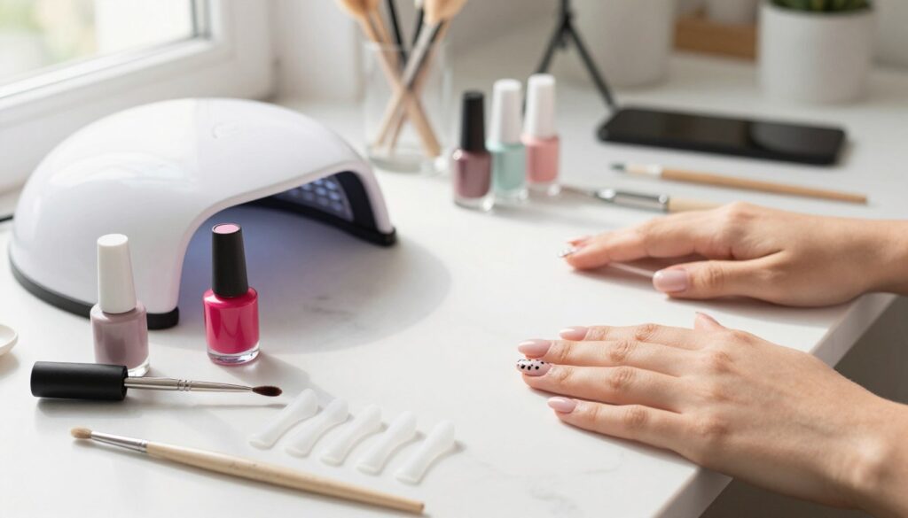 A beautifully arranged flat lay of essential nail gel equipment on a clean, white marble surface. In the foreground, showcase a variety of nail tools, including a UV LED lamp, gel polish bottles in vibrant colors, a brush for nail art, and a set of elegant nail forms. In the middle, add a soft-focus view of a stylish hand with perfectly manicured gel nails, delicately showcasing a trendy design. In the background, incorporate subtle hints of a well-lit workspace, complete with a neat workstation setup and gentle natural light streaming in from a nearby window to create a warm and inviting atmosphere. Emphasize the artistic and creative essence of home nail art. A beautifully arranged flat lay of essential nail gel equipment on a clean, white marble surface. In the foreground, showcase a variety of nail tools, including a UV LED lamp, gel polish bottles in vibrant colors, a brush for nail art, and a set of elegant nail forms. In the middle, add a soft-focus view of a stylish hand with perfectly manicured gel nails, delicately showcasing a trendy design. In the background, incorporate subtle hints of a well-lit workspace, complete with a neat workstation setup and gentle natural light streaming in from a nearby window to create a warm and inviting atmosphere. Emphasize the artistic and creative essence of home nail art.