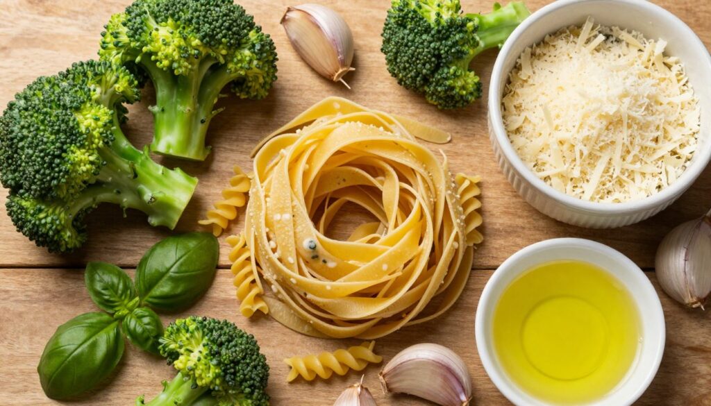 A beautifully arranged flat lay of ingredients for a creamy broccoli pasta dish, featuring fresh green broccoli florets, ripe garlic cloves, a sprig of aromatic basil, and a bowl of grated Parmesan cheese. In the center, display a pile of uncooked pasta, spiraled or fettuccine, surrounded by a drizzle of olive oil in a small dish. Soft, warm lighting should illuminate the scene, creating a cozy atmosphere, with natural wooden textures in the background to enhance the rustic feel. The image conveys a sense of freshness, inviting viewers to explore the flavors of this delightful recipe, with a focus on the ingredients prominently displayed without any distractions. A beautifully arranged flat lay of ingredients for a creamy broccoli pasta dish, featuring fresh green broccoli florets, ripe garlic cloves, a sprig of aromatic basil, and a bowl of grated Parmesan cheese. In the center, display a pile of uncooked pasta, spiraled or fettuccine, surrounded by a drizzle of olive oil in a small dish. Soft, warm lighting should illuminate the scene, creating a cozy atmosphere, with natural wooden textures in the background to enhance the rustic feel. The image conveys a sense of freshness, inviting viewers to explore the flavors of this delightful recipe, with a focus on the ingredients prominently displayed without any distractions.