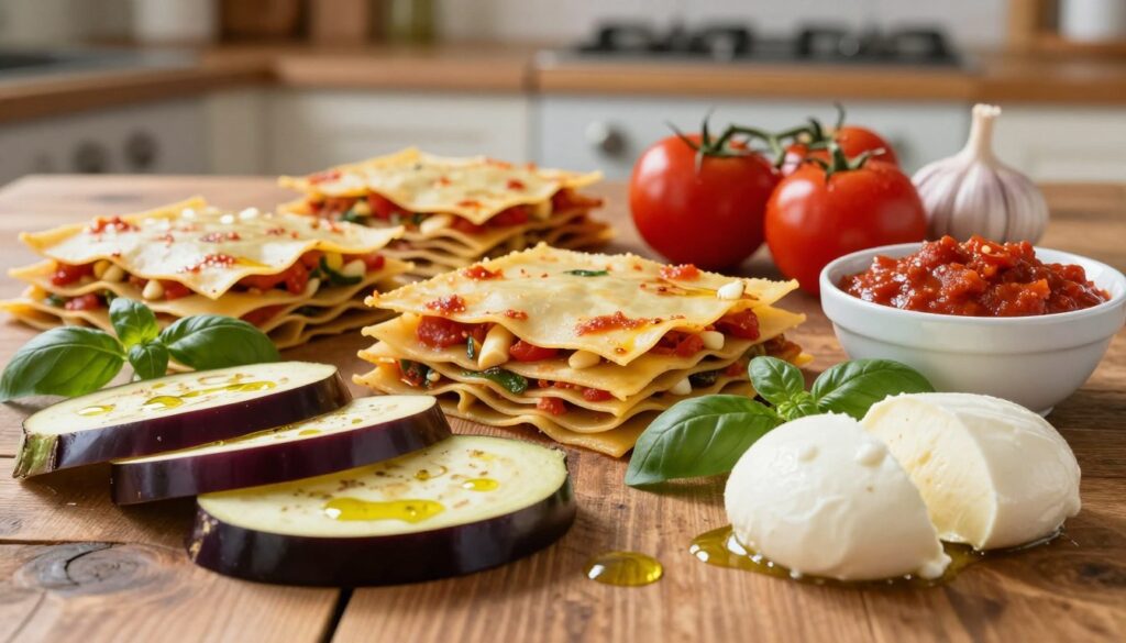 A beautifully arranged flat lay of lasagna ingredients on a rustic wooden table. In the foreground, vibrant slices of eggplant with glistening olive oil drizzled over, fresh basil leaves, and a block of creamy mozzarella cheese. In the middle, stacks of lasagna noodles interspersed with ripe tomatoes, minced garlic, and a small bowl of rich marinara sauce. The background features a softly blurred kitchen setting with warm lighting, enhancing the inviting atmosphere. The focus is sharp, capturing the textures of each ingredient, with natural light casting gentle shadows. The overall mood is cozy and appetizing, perfect for showcasing a fresh, vegetable-rich lasagna recipe.