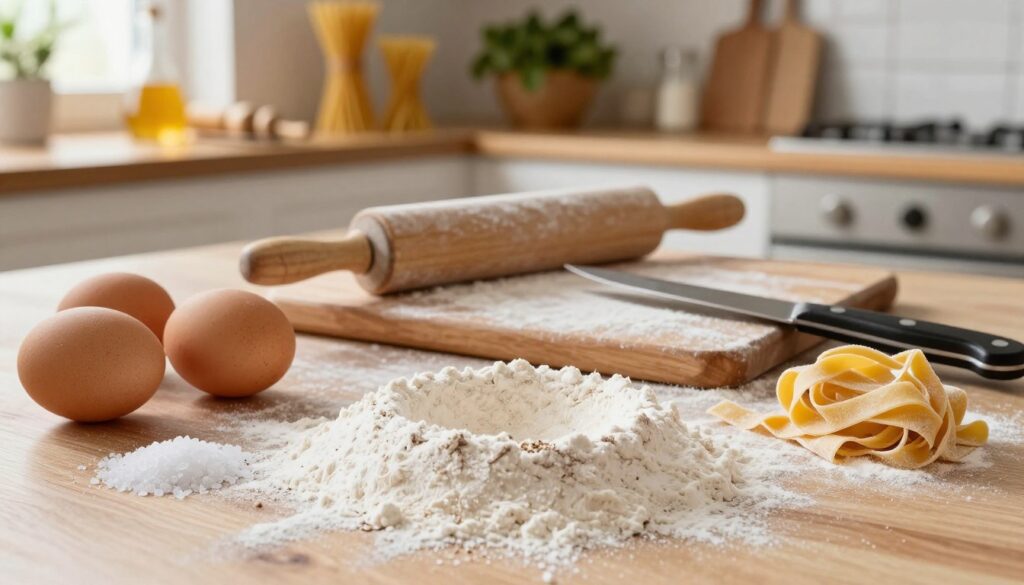 A beautifully arranged flat lay of the ingredients for homemade tagliatelle pasta. In the foreground, a mound of flour dusted with a light sprinkle, surrounded by three large, fresh eggs and a pinch of salt. In the middle, place a rolling pin and a wooden board lightly coated with flour, showing evidence of previous use. A sharp knife rests nearby, ready for cutting the pasta into ribbons. In the background, softly blurred, include a cozy Italian kitchen with rustic wooden shelves lined with pasta-making tools, herbs, and a hint of natural sunlight streaming from a window. The mood is warm and inviting, evoking the artisanal charm of traditional Italian cooking. The image should capture the wholesome essence of preparing fresh tagliatelle.