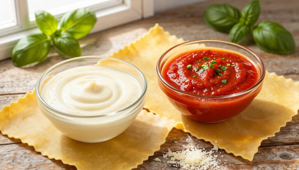 A beautifully arranged flat lay of two vibrant sauces showcased in elegant glass bowls: rich, creamy béchamel sauce with a velvety texture and a bright, herby tomato sauce bursting with flavor. Surround them with sheets of uncooked lasagna pasta, slightly curled at the edges, suggesting their transformation. Soft, natural light cascades from an overhead window, illuminating the sauces and highlighting their glossy surfaces. In the background, a rustic wooden table adds warmth, with sprigs of fresh basil and a sprinkle of grated cheese to enhance the visual appeal. The atmosphere is inviting and warm, reflecting the essence of homemade comfort food.