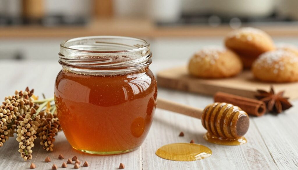 A beautifully arranged jar of buckwheat honey (miód gryczany) sits prominently in the foreground, its deep amber color glistening under soft, warm light. The honey is surrounded by scattered buckwheat flowers, emphasizing its natural origin. In the middle ground, a wooden spoon rests beside the jar, suggesting the act of tasting or cooking, with a few drips of honey cascading from the spoon. In the background, a blurred out kitchen setting creates a homely atmosphere, with hints of spices like cinnamon and ginger subtly placed, alluding to the delicious pierniki (gingerbread) to be made. The overall mood is warm and inviting, evoking a sense of nostalgia and comfort, perfect for capturing the essence of selecting honey for baking. A beautifully arranged jar of buckwheat honey (miód gryczany) sits prominently in the foreground, its deep amber color glistening under soft, warm light. The honey is surrounded by scattered buckwheat flowers, emphasizing its natural origin. In the middle ground, a wooden spoon rests beside the jar, suggesting the act of tasting or cooking, with a few drips of honey cascading from the spoon. In the background, a blurred out kitchen setting creates a homely atmosphere, with hints of spices like cinnamon and ginger subtly placed, alluding to the delicious pierniki (gingerbread) to be made. The overall mood is warm and inviting, evoking a sense of nostalgia and comfort, perfect for capturing the essence of selecting honey for baking.