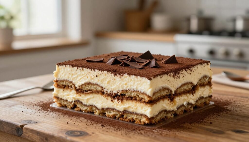 A beautifully arranged keto tiramisu dessert, featuring layers of rich mascarpone cheese and coffee-soaked almond flour sponge cake. The dish is elegantly garnished with a sprinkle of cocoa powder and dark chocolate shavings on top, placed on a rustic wooden table. In the background, soft, natural lighting filters through a nearby window, creating a warm and inviting atmosphere. The focus is on the creamy texture and distinct layers of the tiramisu, with a shallow depth of field that blurs the softly lit kitchen surroundings. The overall mood is cozy and indulgent, perfect for a healthier dessert that captures the essence of the classic Italian treat.