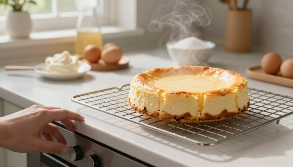 A beautifully arranged kitchen counter featuring a partially baked cheesecake cooling on a stylish wire rack. In the foreground, a hand gently opens an oven door slightly, releasing a waft of steam. In the middle, a close-up of the cheesecake displays slight cracks on the surface as it cools, warning signs of a temperature mistake. The background shows an elegant kitchen with natural light streaming in from a nearby window, highlighting the textures of the cheesecake and surrounding ingredients, like eggs, cream, and a bowl of sugar. The mood is calm and educational, with an emphasis on common mistakes in cooling cheesecake captured in a visually appealing way. Please ensure the scene is free of any text or watermarks. A beautifully arranged kitchen counter featuring a partially baked cheesecake cooling on a stylish wire rack. In the foreground, a hand gently opens an oven door slightly, releasing a waft of steam. In the middle, a close-up of the cheesecake displays slight cracks on the surface as it cools, warning signs of a temperature mistake. The background shows an elegant kitchen with natural light streaming in from a nearby window, highlighting the textures of the cheesecake and surrounding ingredients, like eggs, cream, and a bowl of sugar. The mood is calm and educational, with an emphasis on common mistakes in cooling cheesecake captured in a visually appealing way. Please ensure the scene is free of any text or watermarks.
