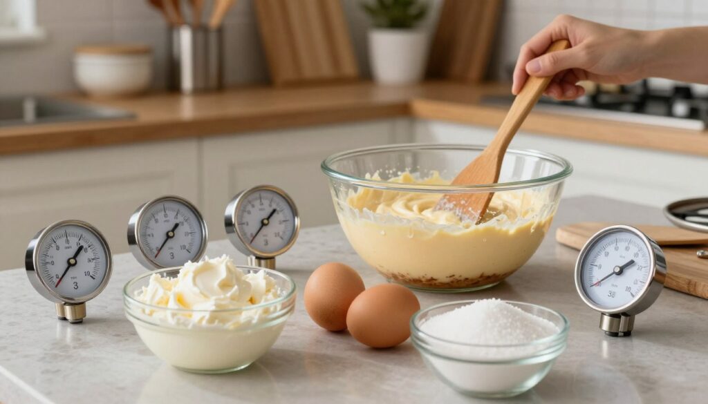 A beautifully arranged kitchen counter featuring a selection of ingredients for cheesecake preparation. In the foreground, there are precise temperature gauges next to bowls of cream cheese, eggs, and sugar, each labeled with their ideal temperature. The middle of the image showcases a mixing bowl with a creamy cheesecake batter being stirred by a wooden spatula, capturing the essence of the mixing process. The background includes a softly lit kitchen with shelves lined with baking tools and cookbooks, creating a warm and inviting atmosphere. Use natural, diffused light to enhance the rich textures and colors of the ingredients, and employ a shallow depth of field to focus on the temperature gauges and the mixing bowl, conveying a sense of careful preparation in baking. A beautifully arranged kitchen counter featuring a selection of ingredients for cheesecake preparation. In the foreground, there are precise temperature gauges next to bowls of cream cheese, eggs, and sugar, each labeled with their ideal temperature. The middle of the image showcases a mixing bowl with a creamy cheesecake batter being stirred by a wooden spatula, capturing the essence of the mixing process. The background includes a softly lit kitchen with shelves lined with baking tools and cookbooks, creating a warm and inviting atmosphere. Use natural, diffused light to enhance the rich textures and colors of the ingredients, and employ a shallow depth of field to focus on the temperature gauges and the mixing bowl, conveying a sense of careful preparation in baking.