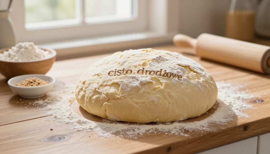 A beautifully arranged kitchen counter with freshly baked "ciasto drożdżowe" at the center, showcasing its golden, fluffy texture. The dough is lightly dusted with flour, emphasizing its elasticity and softness. Surrounding the cake, there are ingredients like a bowl of white flour, a small dish of yeast, and a rolling pin, symbolizing the essential components of this dough. The background features soft natural light streaming through a window, creating a warm atmosphere. A wooden table with a rustic vibe complements the scene. The angle is slightly angled from above to capture the depth and richness of the dough. The mood is inviting and homely, ideal for illustrating traditional baking techniques. A beautifully arranged kitchen counter with freshly baked "ciasto drożdżowe" at the center, showcasing its golden, fluffy texture. The dough is lightly dusted with flour, emphasizing its elasticity and softness. Surrounding the cake, there are ingredients like a bowl of white flour, a small dish of yeast, and a rolling pin, symbolizing the essential components of this dough. The background features soft natural light streaming through a window, creating a warm atmosphere. A wooden table with a rustic vibe complements the scene. The angle is slightly angled from above to capture the depth and richness of the dough. The mood is inviting and homely, ideal for illustrating traditional baking techniques.