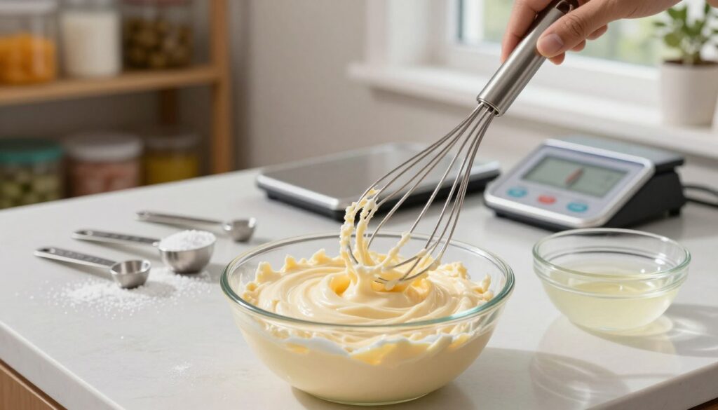 A beautifully arranged kitchen countertop featuring a bowl of smooth, un-set creamy cheese mixture alongside a small bowl of dissolved gelatin. In the foreground, a stainless steel whisk is poised above the cheese mixture, ready to combine. The middle ground showcases measuring spoons scattered with powdered gelatin, a precise scale, and a measuring cup. The background is softly blurred, hinting at shelves filled with baking supplies and colorful ingredients. Soft natural light streams in from a nearby window, creating a warm, inviting atmosphere. The focus is sharp on the whisk and the mixture, capturing the essence of the delicate process of incorporating gelatin for a perfectly smooth cheesecake consistency. A beautifully arranged kitchen countertop featuring a bowl of smooth, un-set creamy cheese mixture alongside a small bowl of dissolved gelatin. In the foreground, a stainless steel whisk is poised above the cheese mixture, ready to combine. The middle ground showcases measuring spoons scattered with powdered gelatin, a precise scale, and a measuring cup. The background is softly blurred, hinting at shelves filled with baking supplies and colorful ingredients. Soft natural light streams in from a nearby window, creating a warm, inviting atmosphere. The focus is sharp on the whisk and the mixture, capturing the essence of the delicate process of incorporating gelatin for a perfectly smooth cheesecake consistency.