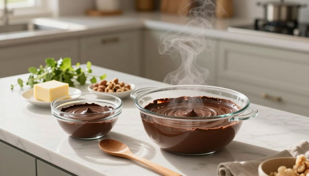A beautifully arranged kitchen countertop featuring a double boiler setup for melting chocolate. In the foreground, a clear glass bowl filled with rich dark chocolate sits over gently simmering water, steam rising delicately. Beside it, a wooden spoon rests on a marble surface. In the middle ground, various ingredients like butter and chopped nuts are artistically displayed, hinting at enhancements for the chocolate. The background includes a softly lit kitchen space with light-colored cabinets and fresh herbs, creating a warm and inviting atmosphere. The lighting is soft and natural, simulating early morning sun streaming through a window, casting gentle shadows. The camera angle is slightly overhead, providing a comprehensive view of the entire setup, accentuating the process of creating a smooth chocolate glaze.