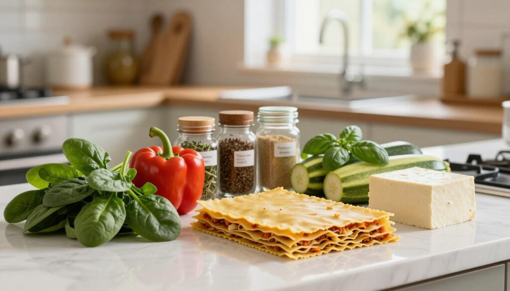 A beautifully arranged kitchen countertop featuring the essential ingredients for plant-based lasagna. In the foreground, display fresh, vibrant vegetables such as spinach, bell peppers, and zucchini, alongside a block of creamy tofu. Include layers of lasagna noodles, perfectly cooked and slightly overlapping. In the middle, organize various spices in small jars, with labels visible, emphasizing herbs like oregano, basil, and garlic powder. The background should be a soft-focus image of a warm, inviting kitchen with natural light streaming in through a window, creating a cozy atmosphere. Use a shallow depth of field to draw attention to the ingredients, ensuring they appear fresh and appealing, evoking a sense of wholesome cooking and nourishment. A beautifully arranged kitchen countertop featuring the essential ingredients for plant-based lasagna. In the foreground, display fresh, vibrant vegetables such as spinach, bell peppers, and zucchini, alongside a block of creamy tofu. Include layers of lasagna noodles, perfectly cooked and slightly overlapping. In the middle, organize various spices in small jars, with labels visible, emphasizing herbs like oregano, basil, and garlic powder. The background should be a soft-focus image of a warm, inviting kitchen with natural light streaming in through a window, creating a cozy atmosphere. Use a shallow depth of field to draw attention to the ingredients, ensuring they appear fresh and appealing, evoking a sense of wholesome cooking and nourishment.