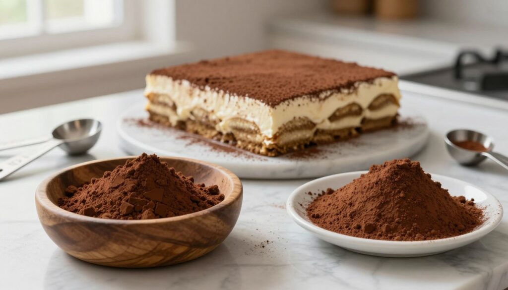A beautifully arranged kitchen countertop featuring various cocoa powders, showcasing common errors in preparation for tiramisu. In the foreground, a rustic wooden bowl holds clumps of natural cocoa powder, while an adjacent dish contains an even mound of alkalized cocoa. Delicate measuring spoons lie scattered nearby, indicating improper dosage. In the middle background, a half-finished tiramisu sits on a marble surface, with an uneven cocoa dusting revealing mistakes. Soft, diffused natural light filters through a window, highlighting the textures and colors of the cocoa and tiramisu. The atmosphere is warm and inviting, evoking the joy of baking while subtly emphasizing the need for precision in cocoa selection. A beautifully arranged kitchen countertop featuring various cocoa powders, showcasing common errors in preparation for tiramisu. In the foreground, a rustic wooden bowl holds clumps of natural cocoa powder, while an adjacent dish contains an even mound of alkalized cocoa. Delicate measuring spoons lie scattered nearby, indicating improper dosage. In the middle background, a half-finished tiramisu sits on a marble surface, with an uneven cocoa dusting revealing mistakes. Soft, diffused natural light filters through a window, highlighting the textures and colors of the cocoa and tiramisu. The atmosphere is warm and inviting, evoking the joy of baking while subtly emphasizing the need for precision in cocoa selection.
