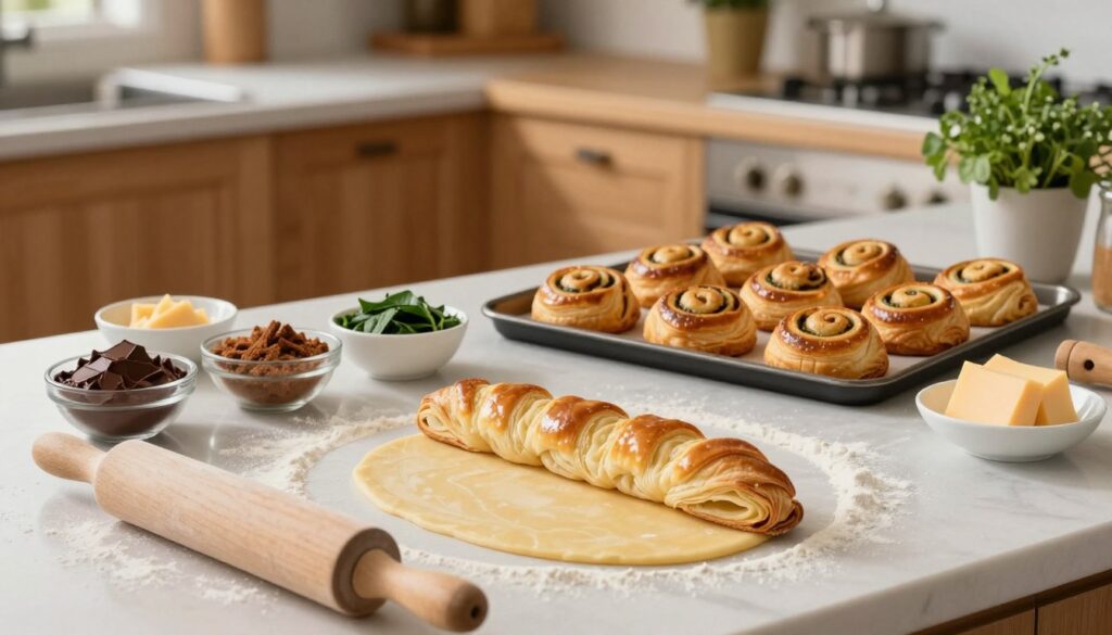 A beautifully arranged kitchen countertop showcasing fresh ingredients and tools for making puff pastry. In the foreground, a rolling pin, a mound of flour, and a partially rolled-out sheet of golden-brown puff pastry, its layers delicately visible. Next to it, small bowls filled with both sweet and savory fillings, such as chocolate, cinnamon, spinach, and cheese, arranged artistically. In the middle ground, a freshly baked tray of puff pastry snail-shaped pastries emerges from the oven, their flaky, golden-brown crusts glistening. The background features a softly lit kitchen with wooden cabinets and herbs in pots, creating a warm, inviting atmosphere. The scene captures the essence of culinary creativity, with natural lighting highlighting textures and colors beautifully.