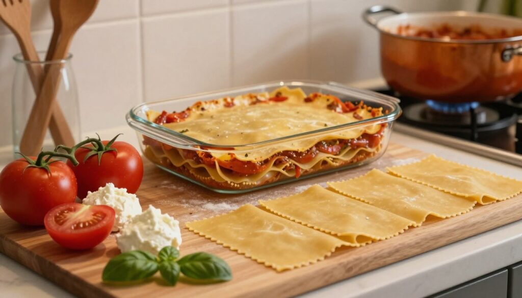 A beautifully arranged kitchen scene depicting the process of making lasagna with raw pasta. In the foreground, a wooden cutting board showcases layers of fresh ingredients: ripe tomatoes, creamy ricotta cheese, fresh basil, and sheets of uncooked lasagna pasta waiting to be assembled. The middle ground features a partially constructed lasagna in a glass baking dish, its layers visible, highlighting the interplay of colors and textures. In the background, soft, warm lighting casts a cozy atmosphere, with a pot of simmering sauce on the stove and a few utensils neatly arranged. Capture the essence of homemade cooking, emphasizing warmth, comfort, and the art of preparation without any clutter. The image should exude a welcoming and inviting vibe, enticing viewers to explore the method of cooking with raw noodles. A beautifully arranged kitchen scene depicting the process of making lasagna with raw pasta. In the foreground, a wooden cutting board showcases layers of fresh ingredients: ripe tomatoes, creamy ricotta cheese, fresh basil, and sheets of uncooked lasagna pasta waiting to be assembled. The middle ground features a partially constructed lasagna in a glass baking dish, its layers visible, highlighting the interplay of colors and textures. In the background, soft, warm lighting casts a cozy atmosphere, with a pot of simmering sauce on the stove and a few utensils neatly arranged. Capture the essence of homemade cooking, emphasizing warmth, comfort, and the art of preparation without any clutter. The image should exude a welcoming and inviting vibe, enticing viewers to explore the method of cooking with raw noodles.