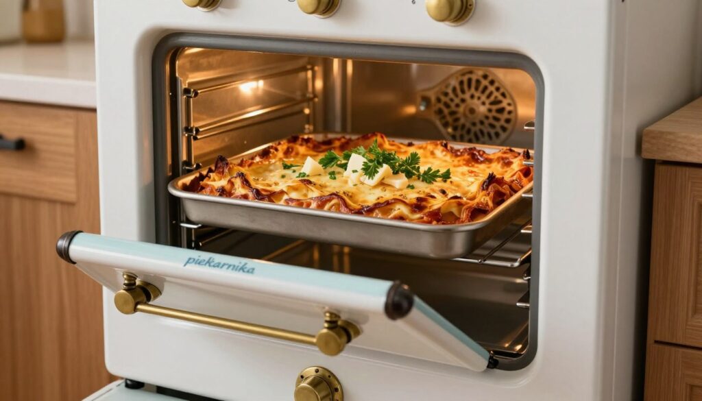 A beautifully arranged kitchen scene featuring a traditional kitchen oven, or "piekarnika," in the foreground. The oven is classic and rustic, made of white and light blue enamel with brass hardware, showcasing its door slightly ajar, where warm light emanates from inside. In the middle ground, a delicious zapiekanka à la lasagne is placed on a baking tray, golden-brown and bubbling with rich, aromatic sauce. Fresh herbs and cheese decorate the top, adding vibrant color. The background features a cozy kitchen ambiance with wooden cabinets, utensils hanging, and soft overhead lighting that creates a warm atmosphere. The image is shot at a slight angle, emphasizing the textures of the food and the inviting warmth of the kitchen, evoking a feeling of home-cooked comfort.