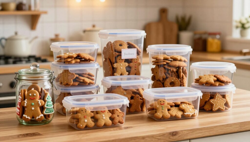A beautifully arranged kitchen scene showcasing a variety of gingerbread cookies in different shapes and sizes, all carefully stored in airtight containers to prevent them from drying out or absorbing unwanted smells. In the foreground, a clear glass jar filled with colorful gingerbread men and festive decorations sits on a wooden countertop. In the middle area, there are several airtight plastic and metal containers, with some cookies peeking out and a small label indicating “freshness.” The background features soft, warm lighting that illuminates a cozy kitchen environment, with spices and baking ingredients neatly organized on shelves. The mood is inviting and festive, conveying a sense of warmth and comfort associated with holiday baking. No text or watermarks present. A beautifully arranged kitchen scene showcasing a variety of gingerbread cookies in different shapes and sizes, all carefully stored in airtight containers to prevent them from drying out or absorbing unwanted smells. In the foreground, a clear glass jar filled with colorful gingerbread men and festive decorations sits on a wooden countertop. In the middle area, there are several airtight plastic and metal containers, with some cookies peeking out and a small label indicating “freshness.” The background features soft, warm lighting that illuminates a cozy kitchen environment, with spices and baking ingredients neatly organized on shelves. The mood is inviting and festive, conveying a sense of warmth and comfort associated with holiday baking. No text or watermarks present.