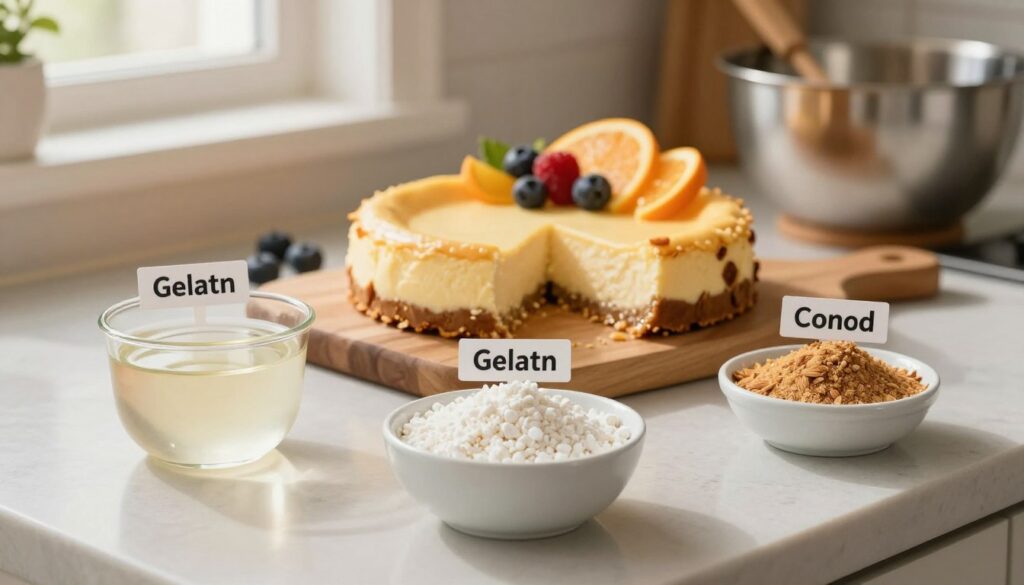 A beautifully arranged kitchen scene showcasing alternatives to pudding for cheesecake stabilization. In the foreground, there are small bowls filled with various ingredients like gelatin, cornstarch, and ground almonds, each labeled clearly but without text. The middle ground features a partially baked cheesecake cooling on a wooden cutting board, adorned with fresh fruit accents such as berries and citrus slices for a vibrant touch. The background displays an inviting kitchen environment with soft, warm lighting filtering through a window, creating a cozy atmosphere. An elegant mixing bowl and spatula rest nearby, hinting at the baking process. A shallow depth of field emphasizes the ingredients while keeping the cheesecake subtly in focus, inviting viewers into the delicious world of cheesecake making. A beautifully arranged kitchen scene showcasing alternatives to pudding for cheesecake stabilization. In the foreground, there are small bowls filled with various ingredients like gelatin, cornstarch, and ground almonds, each labeled clearly but without text. The middle ground features a partially baked cheesecake cooling on a wooden cutting board, adorned with fresh fruit accents such as berries and citrus slices for a vibrant touch. The background displays an inviting kitchen environment with soft, warm lighting filtering through a window, creating a cozy atmosphere. An elegant mixing bowl and spatula rest nearby, hinting at the baking process. A shallow depth of field emphasizes the ingredients while keeping the cheesecake subtly in focus, inviting viewers into the delicious world of cheesecake making.