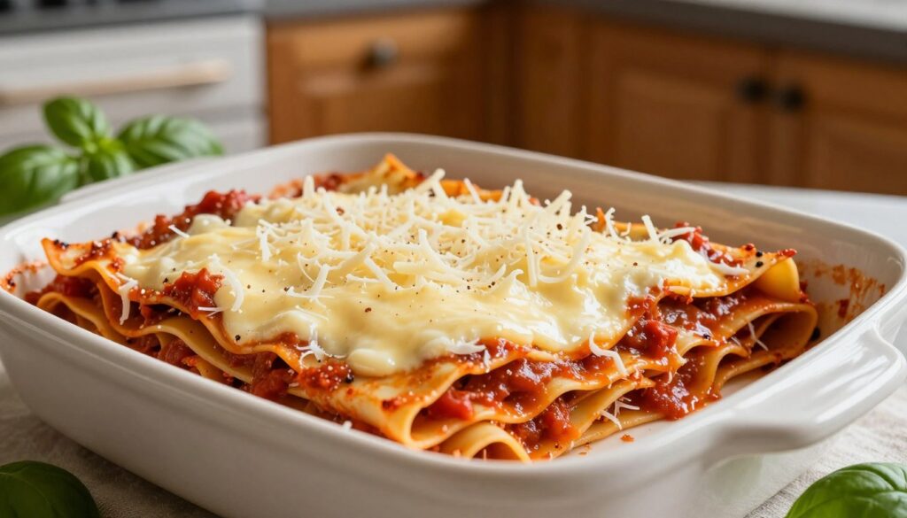 A beautifully arranged lasagna in a ceramic baking dish, showcasing layers of raw lasagna noodles interspersed with rich, vibrant marinara sauce, creamy béchamel, and finely grated cheese. In the foreground, focus on the contrasting textures of the smooth, soft cheese and the slightly rough surface of the noodles. The middle ground features the gleaming dish, surrounded by fresh basil leaves, enhancing the colors of the ingredients. The background is softly blurred, revealing a rustic kitchen with wooden cabinets and warm lighting, creating an inviting atmosphere. The scene is captured from a slightly elevated angle using natural light, emphasizing the layers and depth of the dish, exuding a sense of warmth and comfort.