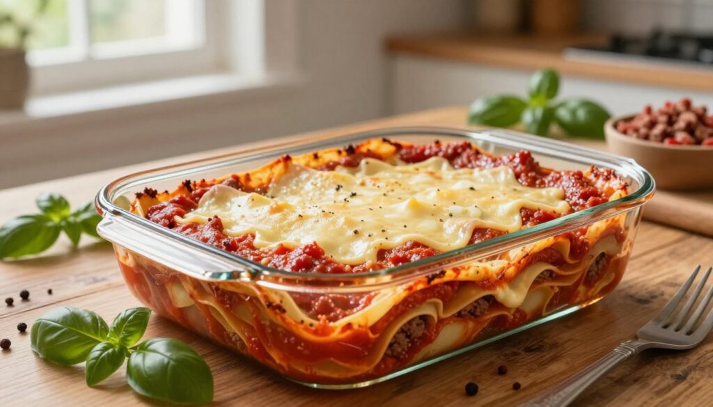 A beautifully arranged lasagna in a clear glass baking dish placed on a rustic wooden kitchen table. In the foreground, showcase the layers of pasta sheets, rich tomato sauce, creamy béchamel, and savory cheeses, vividly highlighting the textures and colors. The middle ground features the dish surrounded by fresh basil leaves, scattered ingredients like minced meat, and spices, inviting a warm, homely atmosphere. In the background, soft, natural light streams in through a nearby window, casting gentle shadows and enhancing the scene's warmth. The image should convey a sense of delicious anticipation, evoking the comforting feeling of a freshly baked lasagna ready to be enjoyed with family and friends. A beautifully arranged lasagna in a clear glass baking dish placed on a rustic wooden kitchen table. In the foreground, showcase the layers of pasta sheets, rich tomato sauce, creamy béchamel, and savory cheeses, vividly highlighting the textures and colors. The middle ground features the dish surrounded by fresh basil leaves, scattered ingredients like minced meat, and spices, inviting a warm, homely atmosphere. In the background, soft, natural light streams in through a nearby window, casting gentle shadows and enhancing the scene's warmth. The image should convey a sense of delicious anticipation, evoking the comforting feeling of a freshly baked lasagna ready to be enjoyed with family and friends.