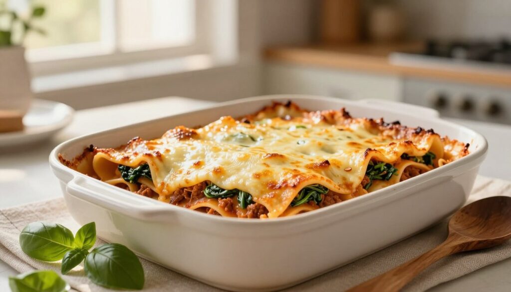 A beautifully arranged lasagna in an artisanal ceramic dish, freshly baked and bubbling with golden, melted cheese. The layers of pasta are perfectly soft, showcasing a rich blend of meat sauce, béchamel, and vibrant green spinach. The foreground features the lasagna with a rustic wooden spoon resting beside it and a fresh basil leaf for garnish. In the background, a well-lit kitchen setting conveys a warm and inviting atmosphere, with soft sunlight filtering through a window, casting a gentle glow on the dish. The scene is framed using a shallow depth of field, focusing on the lasagna while the kitchen becomes slightly blurred, creating a homely feel. The overall mood is cozy and appetizing, enticing viewers with the deliciousness of perfectly baked lasagna. A beautifully arranged lasagna in an artisanal ceramic dish, freshly baked and bubbling with golden, melted cheese. The layers of pasta are perfectly soft, showcasing a rich blend of meat sauce, béchamel, and vibrant green spinach. The foreground features the lasagna with a rustic wooden spoon resting beside it and a fresh basil leaf for garnish. In the background, a well-lit kitchen setting conveys a warm and inviting atmosphere, with soft sunlight filtering through a window, casting a gentle glow on the dish. The scene is framed using a shallow depth of field, focusing on the lasagna while the kitchen becomes slightly blurred, creating a homely feel. The overall mood is cozy and appetizing, enticing viewers with the deliciousness of perfectly baked lasagna.