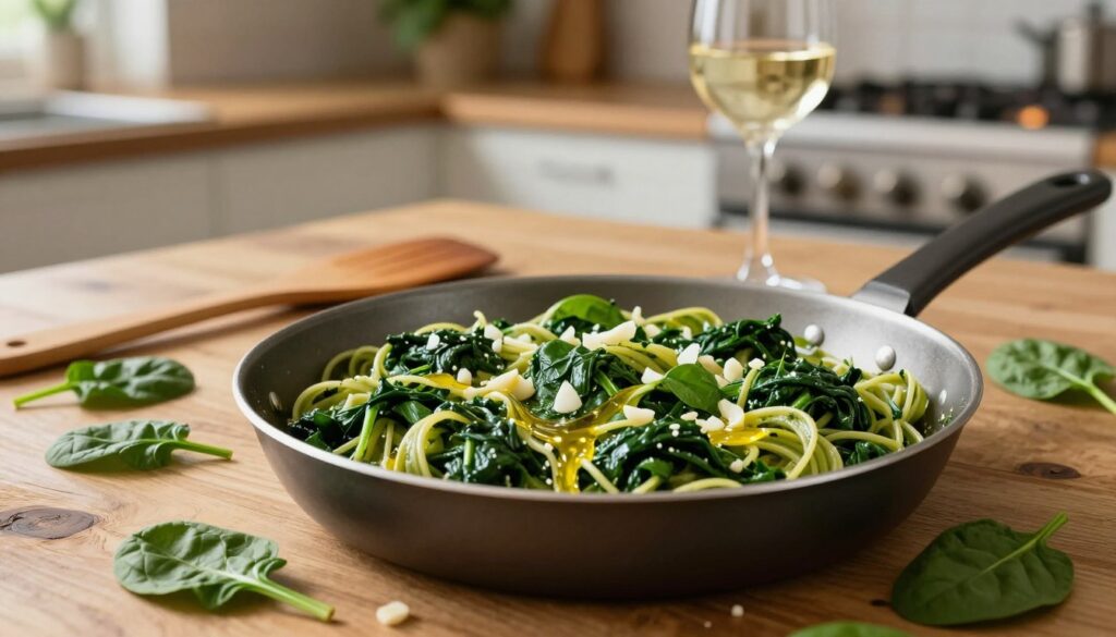 A beautifully arranged one-pan dish of spinach pasta on a rustic wooden kitchen table. The foreground features an elegant serving of vibrant green spinach-laden pasta mixed with finely chopped garlic and a drizzle of golden olive oil, glistening under warm lighting. Some spinach leaves are artfully scattered around the dish, enhancing the freshness. In the middle ground, a wooden spatula rests beside the pan, along with a glass of chilled white wine. The background shows a softly blurred kitchen scene with herbs and a lit stove, creating a warm, inviting atmosphere typical of home cooking. Soft, natural light floods the scene, highlighting the textures of the pasta and vegetables, conveying a cozy, inviting mood. A beautifully arranged one-pan dish of spinach pasta on a rustic wooden kitchen table. The foreground features an elegant serving of vibrant green spinach-laden pasta mixed with finely chopped garlic and a drizzle of golden olive oil, glistening under warm lighting. Some spinach leaves are artfully scattered around the dish, enhancing the freshness. In the middle ground, a wooden spatula rests beside the pan, along with a glass of chilled white wine. The background shows a softly blurred kitchen scene with herbs and a lit stove, creating a warm, inviting atmosphere typical of home cooking. Soft, natural light floods the scene, highlighting the textures of the pasta and vegetables, conveying a cozy, inviting mood.