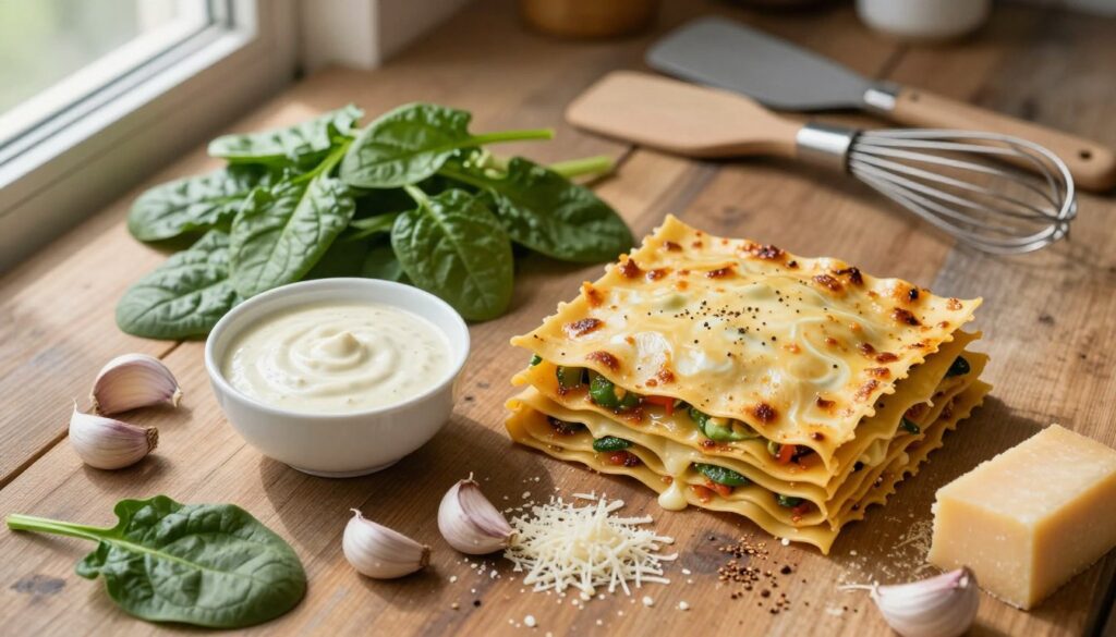 A beautifully arranged overhead view of fresh ingredients for spinach lasagna, showcasing vibrant green spinach leaves, creamy besciamella sauce in a small bowl, and layers of lasagna noodles. Include grated cheese, garlic cloves, and a sprinkle of nutmeg scattered artistically around the main ingredients. The scene is set on a rustic wooden table, with soft, natural lighting filtering through a nearby window, casting gentle shadows that enhance the textures. In the background, blurred out, include kitchen utensils like a spatula and a whisk, suggesting a cozy cooking atmosphere. The mood is inviting and warm, perfect for inspiring a delicious culinary experience.