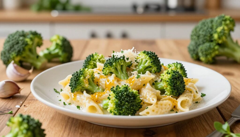 A beautifully arranged plate of creamy broccoli pasta, showcasing the dish in a presentable manner. In the foreground, the pasta is topped with bright green broccoli florets and a drizzle of golden garlic sauce, glistening under warm, soft lighting. The plate is elegantly garnished with fresh herbs and a sprinkle of grated parmesan cheese. In the middle, a rustic wooden table adds warmth to the scene, with a few scattered cloves of garlic and fresh broccoli around the plate, enhancing the cooking theme. In the background, a blurred kitchen setting with subtle hints of herbs and cooking utensils evokes a cozy, homey atmosphere. The overall mood is inviting and appetizing, perfect for a culinary masterpiece. A beautifully arranged plate of creamy broccoli pasta, showcasing the dish in a presentable manner. In the foreground, the pasta is topped with bright green broccoli florets and a drizzle of golden garlic sauce, glistening under warm, soft lighting. The plate is elegantly garnished with fresh herbs and a sprinkle of grated parmesan cheese. In the middle, a rustic wooden table adds warmth to the scene, with a few scattered cloves of garlic and fresh broccoli around the plate, enhancing the cooking theme. In the background, a blurred kitchen setting with subtle hints of herbs and cooking utensils evokes a cozy, homey atmosphere. The overall mood is inviting and appetizing, perfect for a culinary masterpiece.