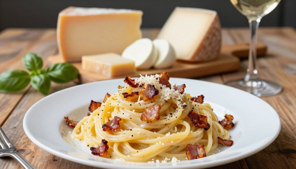 A beautifully arranged plate of creamy carbonara pasta in the foreground, showcasing al dente spaghetti twirled elegantly. The dish is generously topped with crispy, golden-brown pancetta pieces, reflecting a rich, savory sheen. Surrounding the pasta, a sprinkle of freshly grated Parmesan cheese and cracked black pepper add texture and contrast. In the middle ground, an array of cheese varieties like Pecorino Romano and Mozzarella are artfully displayed, emphasizing the theme of cheese and pasta pairing. The background features a rustic wooden table adorned with fresh basil leaves and a glass of white wine, contributing to a warm, inviting Italian kitchen atmosphere. Soft, natural lighting highlights the richness of the food and enhances the overall mood of comfort and indulgence. A beautifully arranged plate of creamy carbonara pasta in the foreground, showcasing al dente spaghetti twirled elegantly. The dish is generously topped with crispy, golden-brown pancetta pieces, reflecting a rich, savory sheen. Surrounding the pasta, a sprinkle of freshly grated Parmesan cheese and cracked black pepper add texture and contrast. In the middle ground, an array of cheese varieties like Pecorino Romano and Mozzarella are artfully displayed, emphasizing the theme of cheese and pasta pairing. The background features a rustic wooden table adorned with fresh basil leaves and a glass of white wine, contributing to a warm, inviting Italian kitchen atmosphere. Soft, natural lighting highlights the richness of the food and enhances the overall mood of comfort and indulgence.