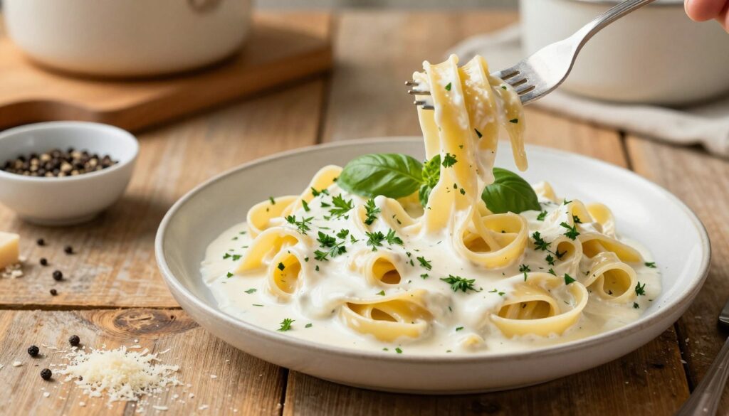 A beautifully arranged plate of creamy, rich "makaron do sosu," featuring fettuccine pasta generously coated in a velvety white cream sauce, garnished with fresh herbs like parsley and basil. In the foreground, glistening strands of pasta twist elegantly around a fork, with the creamy sauce clinging to the noodles. The middle ground showcases a rustic wooden table adorned with a small bowl of cracked black pepper and a sprinkle of grated Parmesan cheese. The background features soft-focused kitchen elements such as a cutting board and a pot, emphasizing a cozy cooking atmosphere. The warm, natural lighting enhances the creamy texture of the sauce and creates inviting shadows, inviting the viewer into the delightful culinary experience. A beautifully arranged plate of creamy, rich "makaron do sosu," featuring fettuccine pasta generously coated in a velvety white cream sauce, garnished with fresh herbs like parsley and basil. In the foreground, glistening strands of pasta twist elegantly around a fork, with the creamy sauce clinging to the noodles. The middle ground showcases a rustic wooden table adorned with a small bowl of cracked black pepper and a sprinkle of grated Parmesan cheese. The background features soft-focused kitchen elements such as a cutting board and a pot, emphasizing a cozy cooking atmosphere. The warm, natural lighting enhances the creamy texture of the sauce and creates inviting shadows, inviting the viewer into the delightful culinary experience.