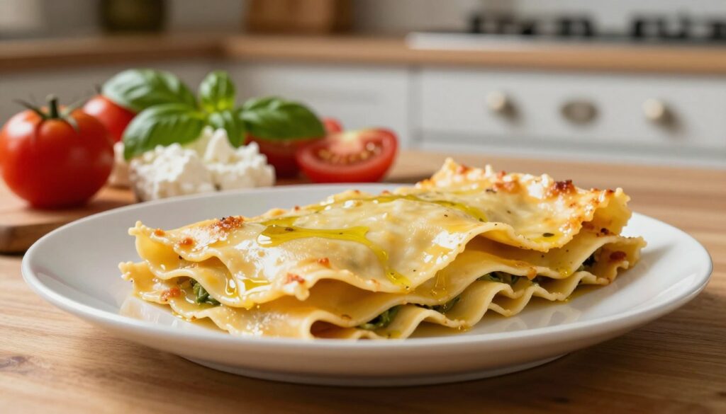 A beautifully arranged plate of fresh lasagna noodles, known as "płaty makaronu," layered delicately to showcase their smooth, glossy texture. In the foreground, the noodles are artistically draped, showcasing their wavy edges and slight sheen from a drizzle of olive oil. The middle ground features a vibrant assortment of fresh ingredients such as ripe tomatoes, basil leaves, and creamy ricotta, hinting at the perfect layering technique. Soft, natural lighting bathes the scene, casting gentle shadows that enhance the three-dimensionality of the pasta. In the background, an inviting kitchen setting with warm wooden textures and muted colors creates a cozy atmosphere, emphasizing the homemade essence of the dish. The overall mood is warm and inviting, perfect for a culinary masterpiece celebration. A beautifully arranged plate of fresh lasagna noodles, known as "płaty makaronu," layered delicately to showcase their smooth, glossy texture. In the foreground, the noodles are artistically draped, showcasing their wavy edges and slight sheen from a drizzle of olive oil. The middle ground features a vibrant assortment of fresh ingredients such as ripe tomatoes, basil leaves, and creamy ricotta, hinting at the perfect layering technique. Soft, natural lighting bathes the scene, casting gentle shadows that enhance the three-dimensionality of the pasta. In the background, an inviting kitchen setting with warm wooden textures and muted colors creates a cozy atmosphere, emphasizing the homemade essence of the dish. The overall mood is warm and inviting, perfect for a culinary masterpiece celebration.