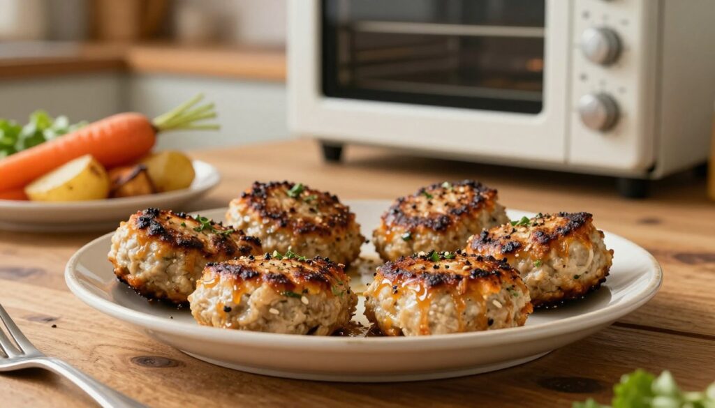 A beautifully arranged plate of golden-brown baked meat patties, known as "mielone", resting on a rustic wooden table. In the foreground, focus on the juicy, perfectly cooked kotlety, glistening with herbs and spices. In the middle ground, there’s a subtle hint of fresh vegetables like roasted carrots and potatoes, creating a vibrant contrast. The background features a cozy kitchen setting with a traditional oven, showcasing temperature settings on the control panel, evoking warmth and homeliness. Soft, natural lighting illuminates the scene, casting gentle shadows that enhance the texture of the food. The overall mood is inviting and homey, suggesting a delightful cooking experience that showcases the benefits of the oven's convection feature versus traditional top-bottom heating.
