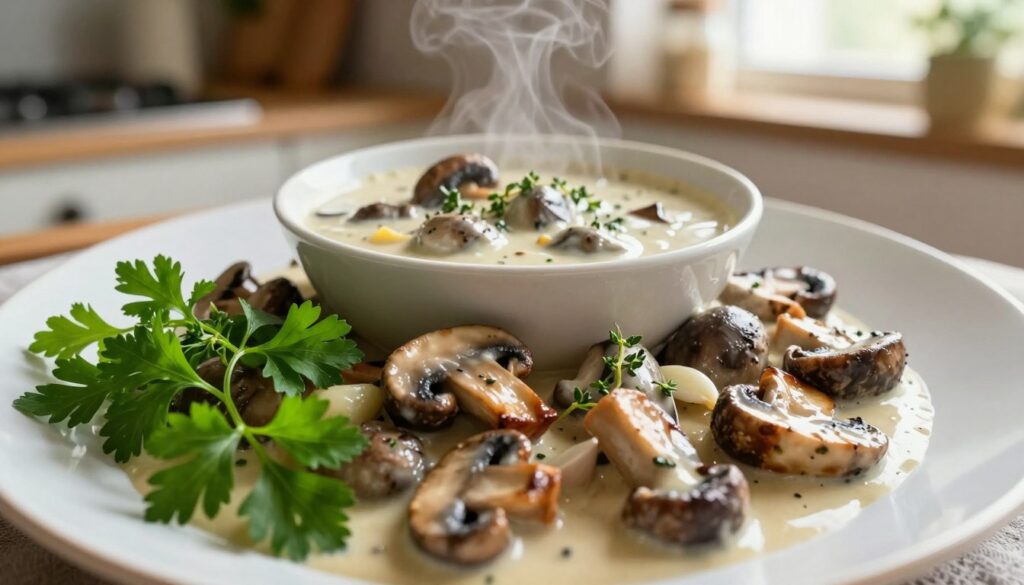 A beautifully arranged plate of herbs in creamy mushroom sauce, showcasing a rich, earthy color palette. In the foreground, fresh green herbs like parsley and thyme are artfully scattered around tender pieces of sautéed mushrooms, glistening in the sauce. The middle ground features a steaming bowl of the savory mushroom sauce, its velvety texture complemented by hints of garlic and shallots. The background is softly blurred, with a warm kitchen setting, warm light filtering in from a window, creating a cozy and inviting atmosphere. The image captures the essence of earthy flavors and the comfort of home cooking, inviting the viewer to appreciate the rustic charm of the dish. The perspective is slightly overhead, emphasizing the vibrant textures and colors without any text or distractions.