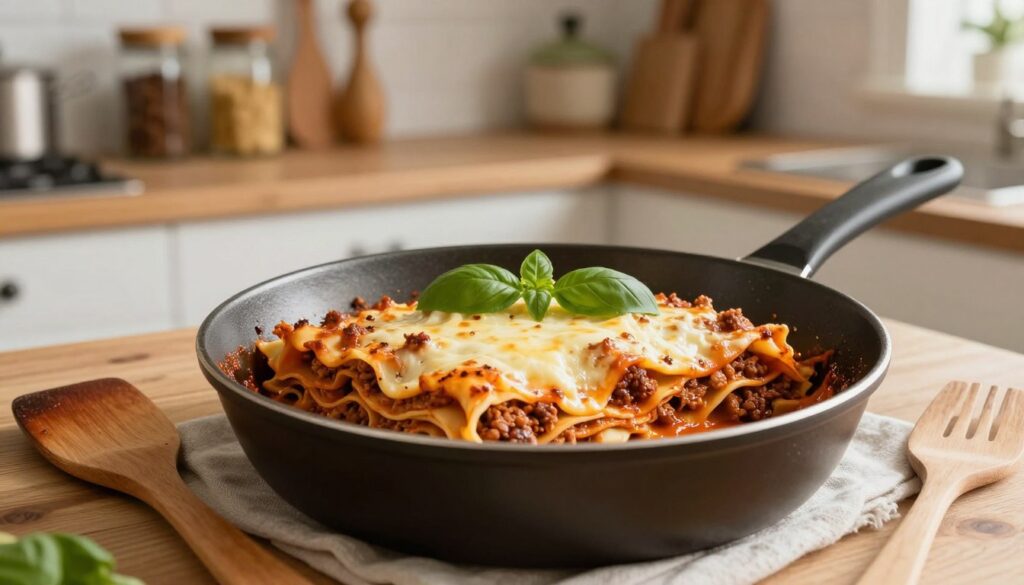 A beautifully arranged plate of lasagna cooked in a skillet, highlighting its layers of pasta, rich meat sauce, and gooey cheese, garnished with fresh basil leaves on top. In the foreground, focus on the skillet with a wooden spatula resting beside it, while in the middle ground, a cozy kitchen setting is visible with soft, warm lighting illuminating the scene. The background features rustic wooden shelves filled with spices and cooking utensils, enhancing the homey atmosphere. Capture the image from a slightly elevated angle, making the dish the star while allowing the kitchen environment to create a welcoming mood, ideal for quick cooking ideas without baking. A beautifully arranged plate of lasagna cooked in a skillet, highlighting its layers of pasta, rich meat sauce, and gooey cheese, garnished with fresh basil leaves on top. In the foreground, focus on the skillet with a wooden spatula resting beside it, while in the middle ground, a cozy kitchen setting is visible with soft, warm lighting illuminating the scene. The background features rustic wooden shelves filled with spices and cooking utensils, enhancing the homey atmosphere. Capture the image from a slightly elevated angle, making the dish the star while allowing the kitchen environment to create a welcoming mood, ideal for quick cooking ideas without baking.