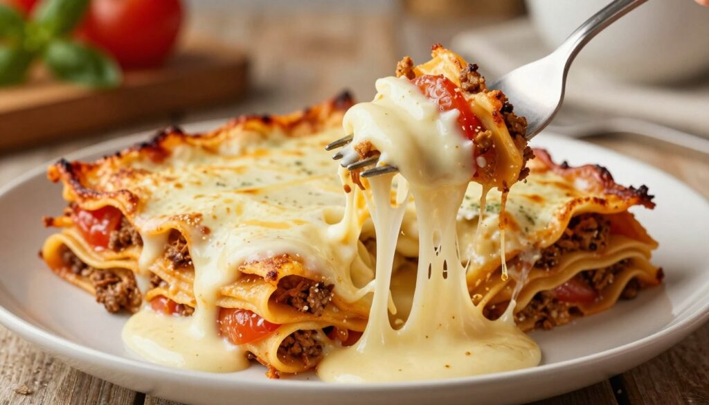 A beautifully arranged plate of lasagna, with layers of creamy sauce made from 30% cream, thick and rich, oozing from the edges. In the foreground, a close-up of a fork lifting a generous portion, strands of cheese stretching enticingly, showcasing the creamy texture. The middle ground features a wide view of the lasagna, with visible layers of pasta, ground meat, and vibrant tomatoes, all bathed in a golden, warm light. The background is a softly blurred kitchen setting, with rustic wooden elements and herbs adding a touch of homeliness. The mood is inviting and appetizing, capturing the essence of perfect lasagna preparation, where every layer is luscious and creamy, inviting the viewer to taste it.