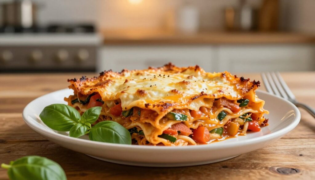 A beautifully arranged plate of lasagne, showcasing layers of rich, cheesy goodness and vibrant vegetables. The top is perfectly golden and slightly crispy, hinting at the delicious textures inside. In the foreground, there’s a fresh basil leaf for garnish, enhancing the visual appeal. The lasagne is set on a rustic wooden table, with a fork leaning against the plate, suggesting a warm, inviting atmosphere. In the background, a softly blurred kitchen scene with warm lighting creates a cozy ambiance, hinting at home-cooked meals. Use a close-up shot with a shallow depth of field to focus on the lasagne while adding warmth and a sense of comfort to the overall composition. The mood is inviting and homey, ideal for conveying the essence of perfect lasagne preparation. A beautifully arranged plate of lasagne, showcasing layers of rich, cheesy goodness and vibrant vegetables. The top is perfectly golden and slightly crispy, hinting at the delicious textures inside. In the foreground, there’s a fresh basil leaf for garnish, enhancing the visual appeal. The lasagne is set on a rustic wooden table, with a fork leaning against the plate, suggesting a warm, inviting atmosphere. In the background, a softly blurred kitchen scene with warm lighting creates a cozy ambiance, hinting at home-cooked meals. Use a close-up shot with a shallow depth of field to focus on the lasagne while adding warmth and a sense of comfort to the overall composition. The mood is inviting and homey, ideal for conveying the essence of perfect lasagne preparation.
