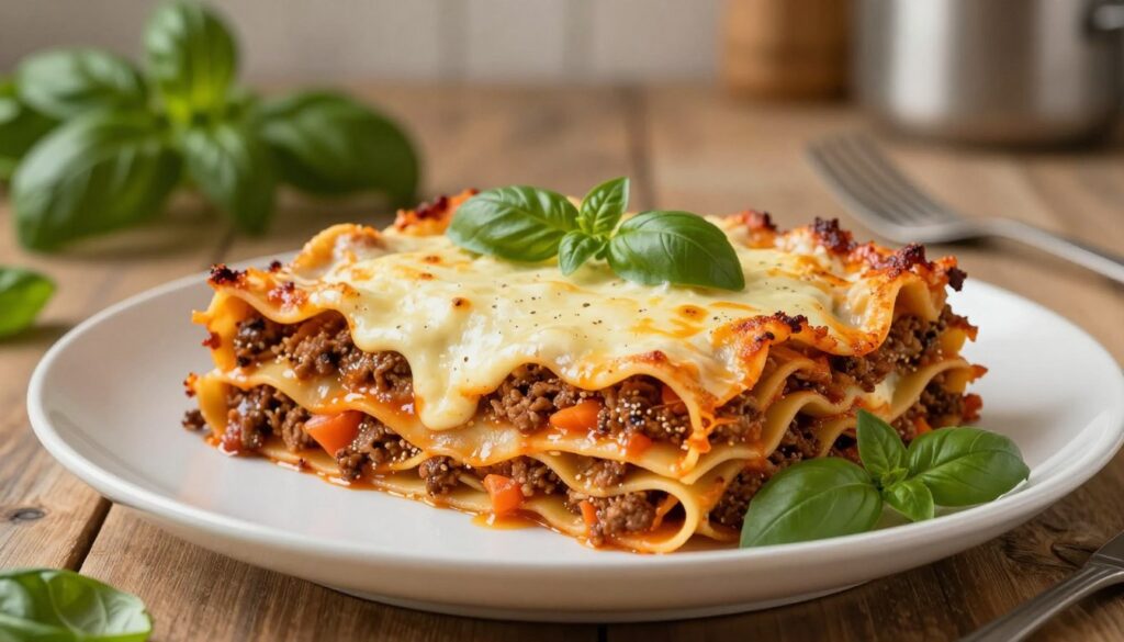 A beautifully arranged plate of makaron lasagne, showcasing layers of handmade pasta, rich meat sauce, creamy béchamel, and melted cheese. The foreground features a neatly cut slice revealing the interior textures and vibrant colors, accentuated with fresh basil leaves. In the middle, the entire lasagne is presented on a rustic wooden table, with a soft, warm light illuminating the dish to enhance its appetizing appearance. The background includes a blurred kitchen setting with herbs and cooking utensils, creating a homely atmosphere. The angle is slightly elevated, capturing the layers and inviting presentation of this traditional Italian dish, evoking a sense of warmth and comfort in a cozy culinary environment. A beautifully arranged plate of makaron lasagne, showcasing layers of handmade pasta, rich meat sauce, creamy béchamel, and melted cheese. The foreground features a neatly cut slice revealing the interior textures and vibrant colors, accentuated with fresh basil leaves. In the middle, the entire lasagne is presented on a rustic wooden table, with a soft, warm light illuminating the dish to enhance its appetizing appearance. The background includes a blurred kitchen setting with herbs and cooking utensils, creating a homely atmosphere. The angle is slightly elevated, capturing the layers and inviting presentation of this traditional Italian dish, evoking a sense of warmth and comfort in a cozy culinary environment.