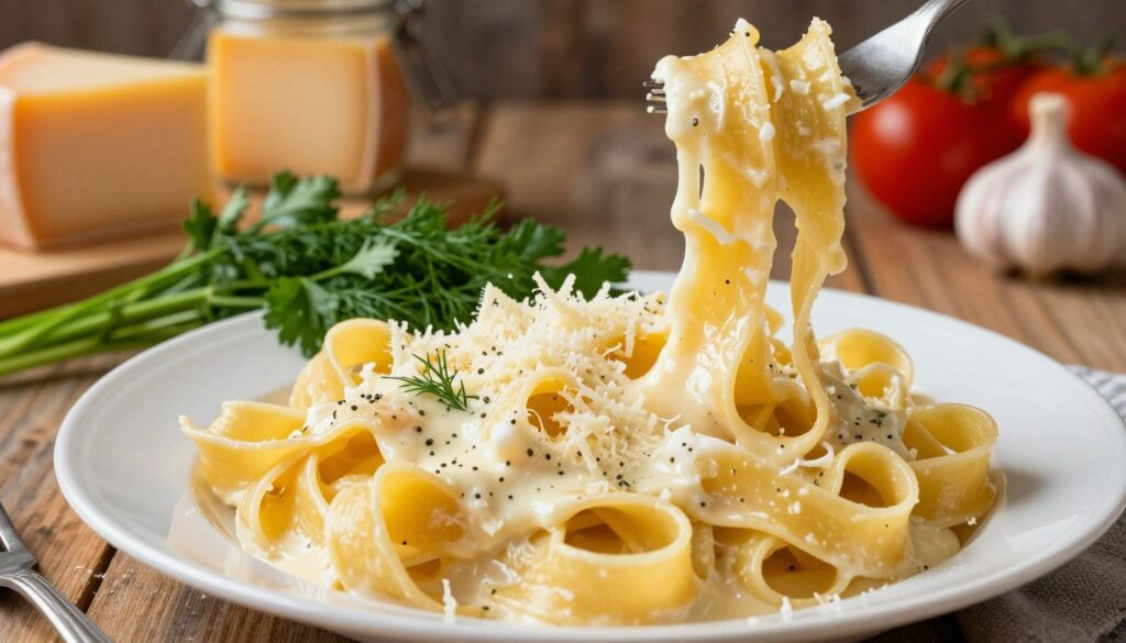 A beautifully arranged plate of pasta featuring various traditional Polish cheeses, such as oscypek, bundz, and sernik, melting into a rich, creamy sauce. The foreground showcases a generous serving of fettuccine, twirled artistically with strands of gooey cheese stretching and glistening under soft, warm lighting. In the middle ground, scattered herbs like fresh dill and parsley add vibrant green accents, while finely grated cheese dusts the pasta. The background reveals a rustic wooden table, enhancing a cozy kitchen atmosphere, with jars of cheese and ingredients like garlic and tomatoes subtly positioned. The overall mood is inviting and appetizing, with a warm color palette. The scene is captured from a slightly elevated angle to emphasize the textures and layers of the dish. A beautifully arranged plate of pasta featuring various traditional Polish cheeses, such as oscypek, bundz, and sernik, melting into a rich, creamy sauce. The foreground showcases a generous serving of fettuccine, twirled artistically with strands of gooey cheese stretching and glistening under soft, warm lighting. In the middle ground, scattered herbs like fresh dill and parsley add vibrant green accents, while finely grated cheese dusts the pasta. The background reveals a rustic wooden table, enhancing a cozy kitchen atmosphere, with jars of cheese and ingredients like garlic and tomatoes subtly positioned. The overall mood is inviting and appetizing, with a warm color palette. The scene is captured from a slightly elevated angle to emphasize the textures and layers of the dish.