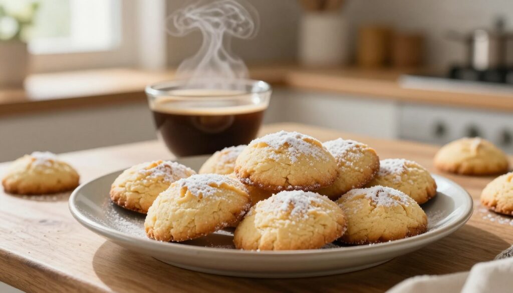 A beautifully arranged plate of soft, golden "biszkopty" cookies, showcasing their delicate texture and lightness, is positioned in the foreground. The cookies are slightly dusted with powdered sugar, reflecting a hint of light. In the middle ground, a small bowl of rich, dark coffee is ready for dipping the cookies, with steam rising gently to convey warmth. The background features a soft-focused rustic kitchen setting, with wooden countertops and subtle baking ingredients scattered around, enhancing the homemade atmosphere. Natural morning light pours in through a nearby window, casting a warm glow on the scene. The overall mood is inviting and appetizing, emphasizing the ideal texture of the biszkopty for a tiramisu without crumbling.