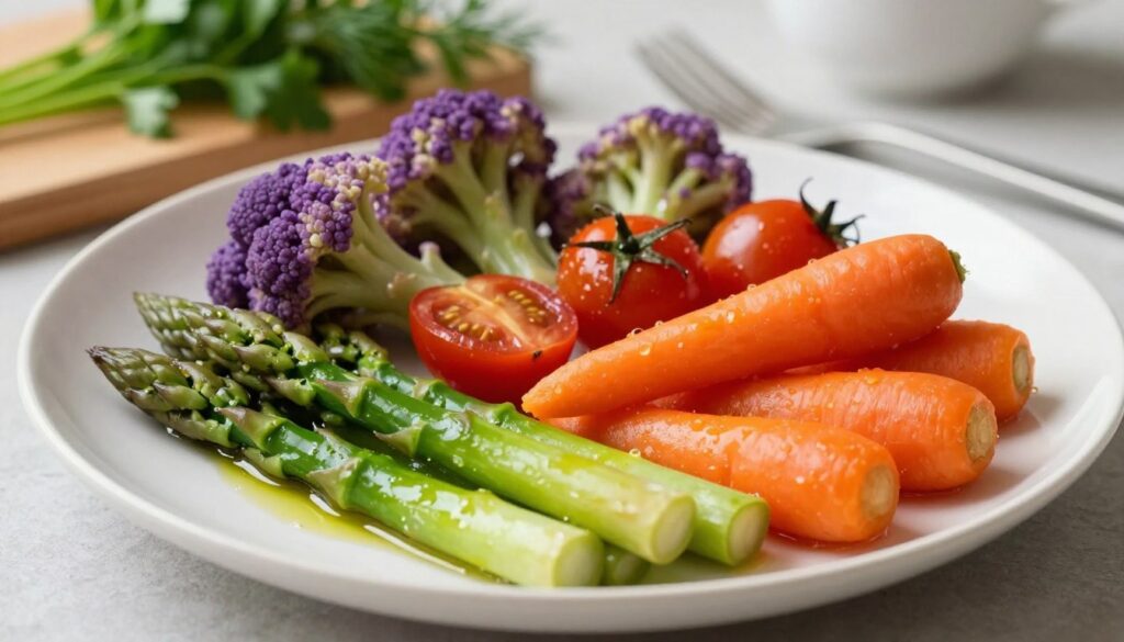 A beautifully arranged plate of steamed and sautéed vegetables perfect for pairing with fish, showcasing a vibrant mix of colors and textures. In the foreground, include tender green asparagus spears and bright orange baby carrots, glistening lightly with a touch of olive oil. In the middle, delicate clusters of purple cauliflower and cherry tomatoes, gently cooked to maintain their freshness, coexist harmoniously. The background features a soft-focus kitchen setting with a wooden cutting board and herbs like parsley and dill for added freshness. The lighting is warm and inviting, highlighting the natural hues of the vegetables, with a slight overhead angle for depth. The overall mood is serene and appetizing, emphasizing the nutritional value and elegance of the dish. A beautifully arranged plate of steamed and sautéed vegetables perfect for pairing with fish, showcasing a vibrant mix of colors and textures. In the foreground, include tender green asparagus spears and bright orange baby carrots, glistening lightly with a touch of olive oil. In the middle, delicate clusters of purple cauliflower and cherry tomatoes, gently cooked to maintain their freshness, coexist harmoniously. The background features a soft-focus kitchen setting with a wooden cutting board and herbs like parsley and dill for added freshness. The lighting is warm and inviting, highlighting the natural hues of the vegetables, with a slight overhead angle for depth. The overall mood is serene and appetizing, emphasizing the nutritional value and elegance of the dish.