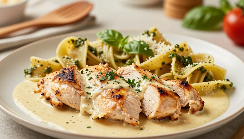 A beautifully arranged plate of succulent chicken breast strips, perfectly cooked and seasoned, served with a rich creamy sauce that glistens under soft, warm lighting. In the foreground, the chicken is garnished with finely chopped herbs, adding a pop of freshness. The middle ground features a colorful array of pasta, twirling around the chicken with hints of vibrant basil pesto and a sprinkle of parmesan cheese. The background is softly blurred, showcasing an inviting kitchen setting with wooden utensils and fresh ingredients nearby, enhancing the homemade ambiance. The overall mood is warm and appetizing, evoking a sense of comfort and culinary delight, inviting viewers to savor the dish. A beautifully arranged plate of succulent chicken breast strips, perfectly cooked and seasoned, served with a rich creamy sauce that glistens under soft, warm lighting. In the foreground, the chicken is garnished with finely chopped herbs, adding a pop of freshness. The middle ground features a colorful array of pasta, twirling around the chicken with hints of vibrant basil pesto and a sprinkle of parmesan cheese. The background is softly blurred, showcasing an inviting kitchen setting with wooden utensils and fresh ingredients nearby, enhancing the homemade ambiance. The overall mood is warm and appetizing, evoking a sense of comfort and culinary delight, inviting viewers to savor the dish.