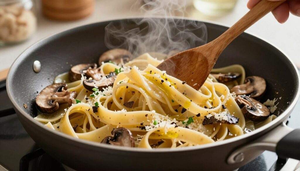A beautifully arranged plate of truffle pasta being cooked in a skillet. In the foreground, the skillet filled with perfectly al dente tagliatelle noodles, glistening with a drizzle of truffle oil. Surrounding the pasta are a variety of fresh ingredients such as thinly sliced mushrooms, wisps of parmesan cheese, and a sprinkle of fresh herbs. In the middle ground, a wooden spoon is stirring the pasta, with steam rising, showcasing an inviting meal in progress. The background hints at a cozy kitchen setting with soft, warm lighting that creates a welcoming atmosphere. The scene is captured from a slightly elevated angle for a dynamic perspective, evoking a sense of culinary elegance and comfort. A beautifully arranged plate of truffle pasta being cooked in a skillet. In the foreground, the skillet filled with perfectly al dente tagliatelle noodles, glistening with a drizzle of truffle oil. Surrounding the pasta are a variety of fresh ingredients such as thinly sliced mushrooms, wisps of parmesan cheese, and a sprinkle of fresh herbs. In the middle ground, a wooden spoon is stirring the pasta, with steam rising, showcasing an inviting meal in progress. The background hints at a cozy kitchen setting with soft, warm lighting that creates a welcoming atmosphere. The scene is captured from a slightly elevated angle for a dynamic perspective, evoking a sense of culinary elegance and comfort.