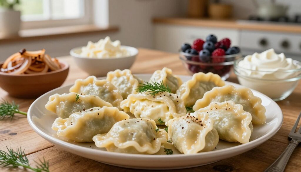 A beautifully arranged scene featuring a plate of pierogi filled with creamy cheese filling, specifically twaróg, showcasing both sweet and savory varieties. In the foreground, a close-up shot highlights golden-brown pierogi with a soft sheen, garnished with fresh herbs like dill and a sprinkle of cracked black pepper. In the middle, a rustic wooden table serves as the setting, adorned with bowls of assorted ingredients such as sautéed onions, sour cream, and berries for sweet fillings. The background includes a softly blurred kitchen environment, with warm light pouring in through a nearby window, creating an inviting, cozy atmosphere. The mood is warm and homely, evoking the tradition of making pierogi together.