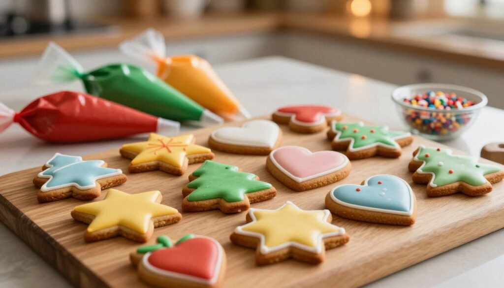 A beautifully arranged scene of decorated gingerbread cookies, showcasing intricate icing designs. In the foreground, vividly colored cookies in various shapes like stars, hearts, and Christmas trees are neatly displayed on a wooden cutting board. Each cookie features smooth, glossy icing with a variety of colors, displaying fine contours and vibrant fillings. The middle ground gently fades into festive baking tools, such as piping bags filled with icing, and a small bowl of sprinkles. The background is softly blurred, suggesting a cozy kitchen environment with warm, ambient lighting that creates an inviting atmosphere. The image captures the essence of holiday baking, providing a cheerful and artistic feel, emphasizing the techniques of cookie decoration without text or clutter. A beautifully arranged scene of decorated gingerbread cookies, showcasing intricate icing designs. In the foreground, vividly colored cookies in various shapes like stars, hearts, and Christmas trees are neatly displayed on a wooden cutting board. Each cookie features smooth, glossy icing with a variety of colors, displaying fine contours and vibrant fillings. The middle ground gently fades into festive baking tools, such as piping bags filled with icing, and a small bowl of sprinkles. The background is softly blurred, suggesting a cozy kitchen environment with warm, ambient lighting that creates an inviting atmosphere. The image captures the essence of holiday baking, providing a cheerful and artistic feel, emphasizing the techniques of cookie decoration without text or clutter.