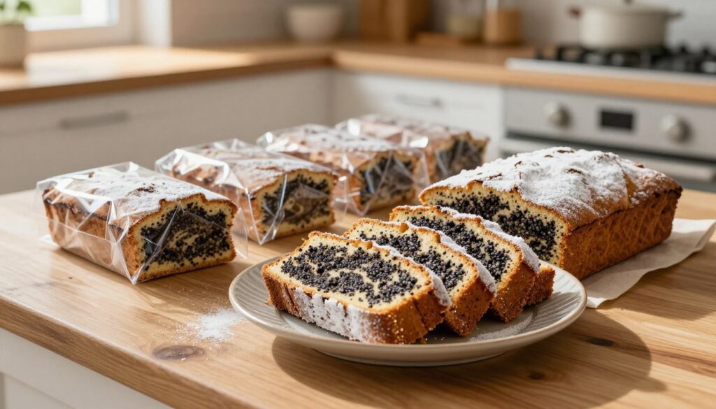 A beautifully arranged scene of freshly sliced poppy seed cake, known as makowiec, presented on a rustic wooden countertop. In the foreground, several neat slices of the cake are displayed on a decorative ceramic plate, glistening with a light dusting of powdered sugar. The middle ground features an assortment of portioned pieces wrapped in clear plastic, highlighting the practical aspect of freezing for later use. In the background, there is a softly blurred view of a cozy kitchen with warm lighting, enhancing the inviting atmosphere. Bright, natural light streams in from a nearby window, casting gentle shadows that add depth to the composition. The mood is warm and homely, reflecting the careful preparation of delicious portions ready for freezing. A beautifully arranged scene of freshly sliced poppy seed cake, known as makowiec, presented on a rustic wooden countertop. In the foreground, several neat slices of the cake are displayed on a decorative ceramic plate, glistening with a light dusting of powdered sugar. The middle ground features an assortment of portioned pieces wrapped in clear plastic, highlighting the practical aspect of freezing for later use. In the background, there is a softly blurred view of a cozy kitchen with warm lighting, enhancing the inviting atmosphere. Bright, natural light streams in from a nearby window, casting gentle shadows that add depth to the composition. The mood is warm and homely, reflecting the careful preparation of delicious portions ready for freezing.
