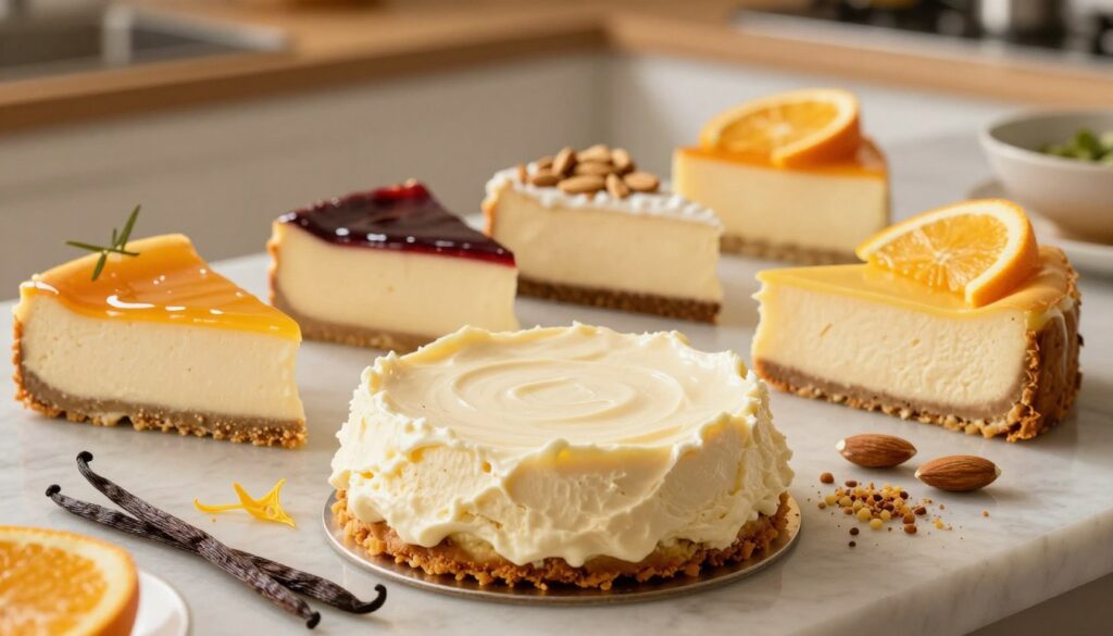A beautifully arranged selection of cheese cake bases with various flavor profiles visible. In the foreground, a creamy, soft cheese mass, rich in texture, displays soft peaks, highlighting different aromatic infusions like vanilla pods, citrus zests, and crushed almonds, artfully scattered around. In the middle ground, several cheesecake slices showcase their distinct toppings: a shiny fruit glaze, a sprinkle of almonds, and vibrant citrus slices elegantly placed. The background features a warm kitchen setting with soft, diffused lighting that enhances the inviting tones of the ingredients. The overall mood is cozy and inviting, perfect for inspiring the next baking adventure, captured from a slightly elevated angle to provide a comprehensive view of this delicious array. A beautifully arranged selection of cheese cake bases with various flavor profiles visible. In the foreground, a creamy, soft cheese mass, rich in texture, displays soft peaks, highlighting different aromatic infusions like vanilla pods, citrus zests, and crushed almonds, artfully scattered around. In the middle ground, several cheesecake slices showcase their distinct toppings: a shiny fruit glaze, a sprinkle of almonds, and vibrant citrus slices elegantly placed. The background features a warm kitchen setting with soft, diffused lighting that enhances the inviting tones of the ingredients. The overall mood is cozy and inviting, perfect for inspiring the next baking adventure, captured from a slightly elevated angle to provide a comprehensive view of this delicious array.