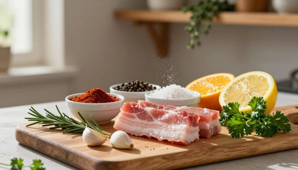 A beautifully arranged selection of marinade ingredients for pork belly, showcasing a variety of spices and herbs. In the foreground, a wooden cutting board holds fresh garlic cloves, sprigs of rosemary, and bright green parsley. The middle layer features small bowls of colorful spices—smoked paprika, black pepper, and sea salt—artfully poured. Citrus slices (lemon and orange) add a burst of color. The background is softly blurred, revealing rustic kitchen elements like aged wooden shelves and hanging thyme, creating a warm, inviting atmosphere. The lighting is natural, bright yet soft, reminiscent of a late afternoon, casting gentle shadows that enhance the textures of the ingredients. The composition is intimate, focusing on the craftsmanship of marinade preparation, evoking a sense of culinary creativity and anticipation.