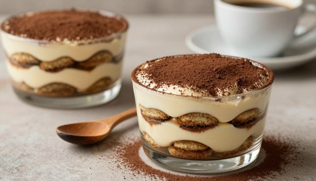 A beautifully arranged serving of creamy tiramisu, with layers of espresso-soaked ladyfingers and rich mascarpone cream, delicately dusted with cocoa powder on top. In the foreground, showcase a glass dessert dish filled with a generous portion of the tiramisu, allowing the creamy texture and contrasting layers to be visible. In the middle, include a small, rustic wooden spoon resting beside the dish, hinting at the indulgence within. In the background, softly blurred, place a neutral-toned table setting with a coffee cup and saucer to enhance the dessert’s Italian origins. The lighting is warm and inviting, casting soft shadows, evoking a cozy and comforting atmosphere suitable for enjoying a delightful dessert.