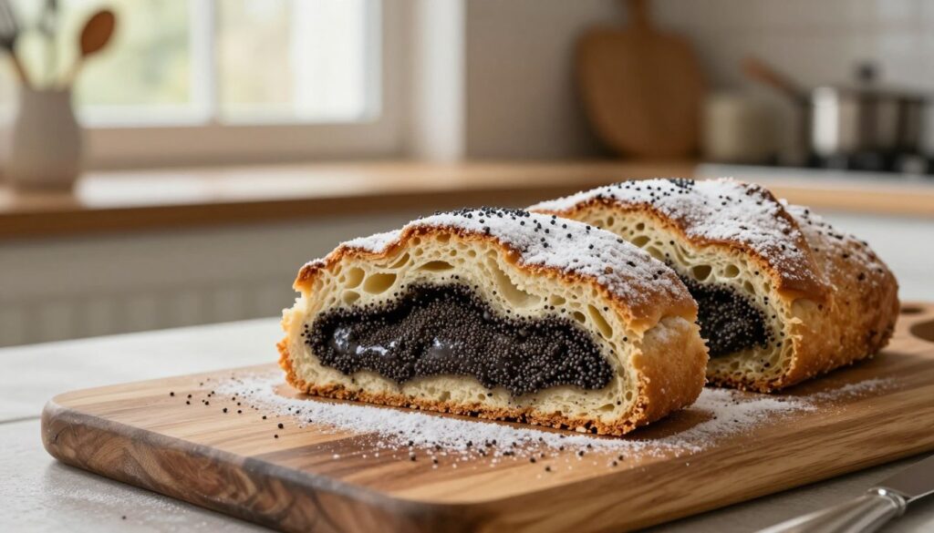 A beautifully arranged slice of "makowiec orkiszowy," showcasing its rich poppy seed filling and fluffy, light spelt flour dough. The foreground features a polished wooden cutting board with the cake slice artfully garnished with a dusting of powdered sugar and decorative poppy seeds. In the middle, a warm slice reveals the delicate layers of filling and cake, with a subtle sheen reflecting soft, natural lighting. The background includes a rustic kitchen setting with a blurred view of cooking utensils and a window bathing the scene in soft afternoon light, creating an inviting and cozy atmosphere. The mood is warm and homey, perfect for illustrating the unique qualities of spelt flour in baking. A beautifully arranged slice of "makowiec orkiszowy," showcasing its rich poppy seed filling and fluffy, light spelt flour dough. The foreground features a polished wooden cutting board with the cake slice artfully garnished with a dusting of powdered sugar and decorative poppy seeds. In the middle, a warm slice reveals the delicate layers of filling and cake, with a subtle sheen reflecting soft, natural lighting. The background includes a rustic kitchen setting with a blurred view of cooking utensils and a window bathing the scene in soft afternoon light, creating an inviting and cozy atmosphere. The mood is warm and homey, perfect for illustrating the unique qualities of spelt flour in baking.