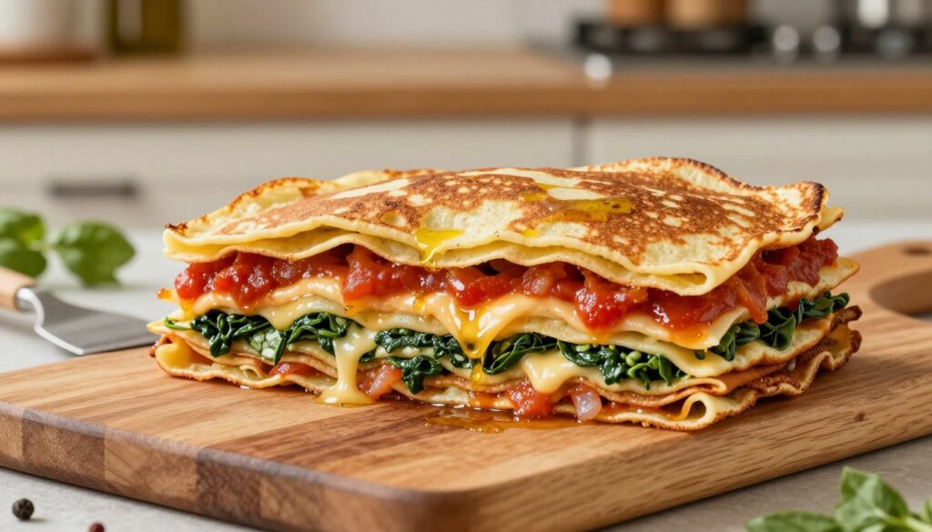 A beautifully arranged stack of pancake layers forming a lasagna, showcasing the rich textures and colors of each component. In the foreground, the layers of thin pancakes are perfectly stacked, interspersed with vibrant fillings like spinach, cheese, and tomato sauce, creating an inviting visual contrast. The pancakes have a golden-brown hue, and a light sheen of olive oil glistening on the surface. In the middle, a wooden cutting board serves as the base, with a spatula poised as if ready to serve a slice. The background features a softly lit kitchen setting with warm tones, peppered with herbs and a hint of fresh ingredients. The scene conveys a cozy, homely atmosphere, with natural light illuminating the layers, making the dish look appetizing and enticing. A beautifully arranged stack of pancake layers forming a lasagna, showcasing the rich textures and colors of each component. In the foreground, the layers of thin pancakes are perfectly stacked, interspersed with vibrant fillings like spinach, cheese, and tomato sauce, creating an inviting visual contrast. The pancakes have a golden-brown hue, and a light sheen of olive oil glistening on the surface. In the middle, a wooden cutting board serves as the base, with a spatula poised as if ready to serve a slice. The background features a softly lit kitchen setting with warm tones, peppered with herbs and a hint of fresh ingredients. The scene conveys a cozy, homely atmosphere, with natural light illuminating the layers, making the dish look appetizing and enticing.