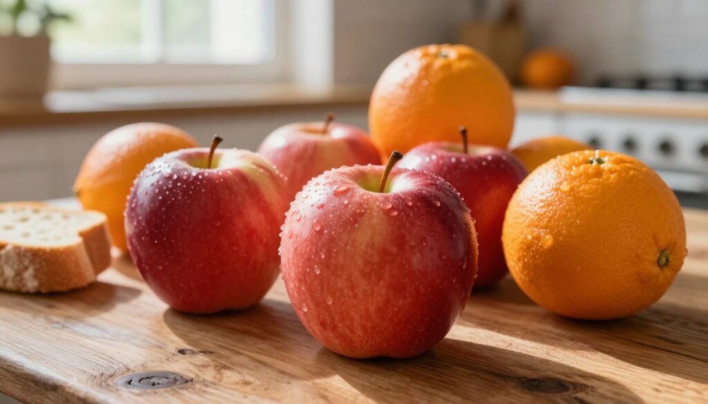 A beautifully arranged still life featuring vibrant red apples and bright oranges, placed together on a rustic wooden table. In the foreground, the apples glisten with dew, their smooth surfaces contrasting with the textured skin of the oranges. Surrounding them is a slightly crumbled piece of fresh bread, adding warmth to the composition. In the background, softly blurred, is a cozy kitchen with natural light streaming in through a window, creating a warm, inviting atmosphere. The light casts gentle shadows that enhance the freshness of the fruit. The scene conveys a sense of harmony and natural beauty, perfect for illustrating the importance of moisture control in food preservation. A beautifully arranged still life featuring vibrant red apples and bright oranges, placed together on a rustic wooden table. In the foreground, the apples glisten with dew, their smooth surfaces contrasting with the textured skin of the oranges. Surrounding them is a slightly crumbled piece of fresh bread, adding warmth to the composition. In the background, softly blurred, is a cozy kitchen with natural light streaming in through a window, creating a warm, inviting atmosphere. The light casts gentle shadows that enhance the freshness of the fruit. The scene conveys a sense of harmony and natural beauty, perfect for illustrating the importance of moisture control in food preservation.