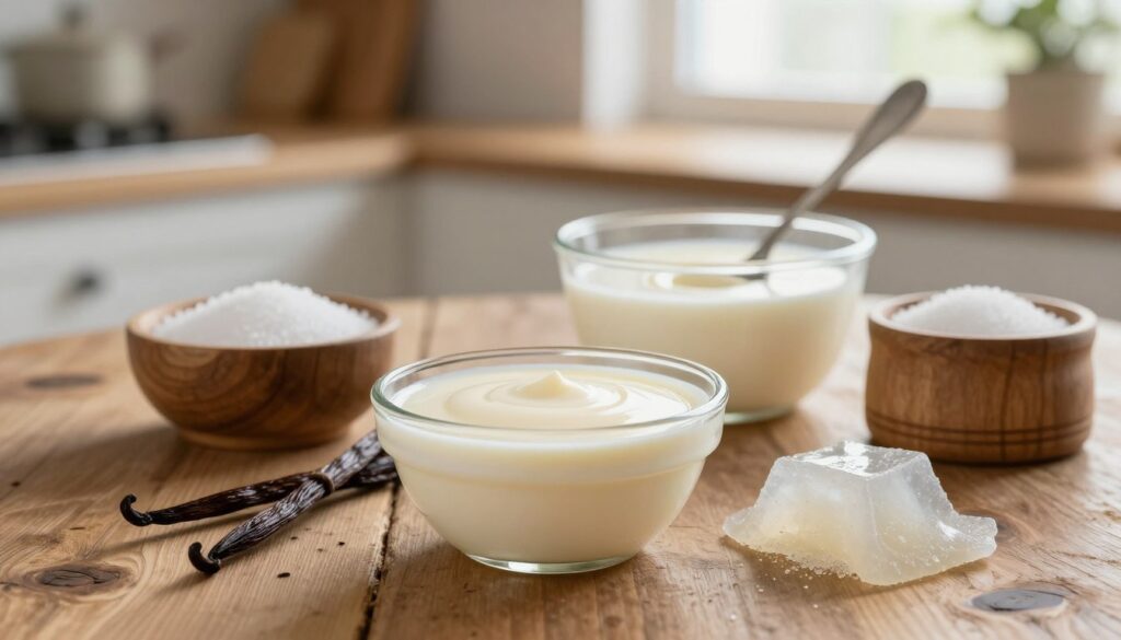 A beautifully arranged still life of panna cotta ingredients laid out on a rustic wooden table. In the foreground, glossy cream and milk in glass bowls, granulated sugar in a small wooden container, and fresh vanilla pods beside a delicate sheet of gelatin. The middle ground features an elegant spoon, partially embedded in a soft focus, emphasizing the creamy texture of the panna cotta mixture. The background includes a softly blurred kitchen setting with warm, natural light streaming through a window, creating a cozy and inviting atmosphere. The overall mood should feel fresh and appetizing, highlighting the simplicity and elegance of the ingredients, with a focus on their natural colors and textures. No text, logos, or watermarks. A beautifully arranged still life of panna cotta ingredients laid out on a rustic wooden table. In the foreground, glossy cream and milk in glass bowls, granulated sugar in a small wooden container, and fresh vanilla pods beside a delicate sheet of gelatin. The middle ground features an elegant spoon, partially embedded in a soft focus, emphasizing the creamy texture of the panna cotta mixture. The background includes a softly blurred kitchen setting with warm, natural light streaming through a window, creating a cozy and inviting atmosphere. The overall mood should feel fresh and appetizing, highlighting the simplicity and elegance of the ingredients, with a focus on their natural colors and textures. No text, logos, or watermarks.