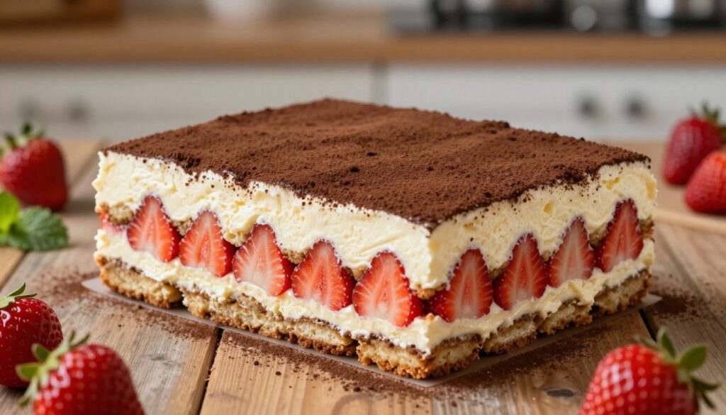 A beautifully arranged strawberry tiramisu sits elegantly on a rustic wooden table. In the foreground, the dessert features distinct, layered segments of creamy mascarpone and fresh strawberries, showcasing the vibrant red of the fruit against the pale, luscious cream. The middle layer reveals delicate coffee-soaked ladyfingers, lightly dusted with cocoa, providing a subtle contrast. Soft, natural lighting bathes the scene, highlighting the textures of the tiramisu while casting gentle shadows. In the background, a blurred kitchen setting with hints of fresh strawberries and mint leaves evokes a warm, inviting atmosphere, making the dessert the star of the image. The shot is taken from a slightly elevated angle to capture the delectable layers, conveying a sense of indulgence and freshness. A beautifully arranged strawberry tiramisu sits elegantly on a rustic wooden table. In the foreground, the dessert features distinct, layered segments of creamy mascarpone and fresh strawberries, showcasing the vibrant red of the fruit against the pale, luscious cream. The middle layer reveals delicate coffee-soaked ladyfingers, lightly dusted with cocoa, providing a subtle contrast. Soft, natural lighting bathes the scene, highlighting the textures of the tiramisu while casting gentle shadows. In the background, a blurred kitchen setting with hints of fresh strawberries and mint leaves evokes a warm, inviting atmosphere, making the dessert the star of the image. The shot is taken from a slightly elevated angle to capture the delectable layers, conveying a sense of indulgence and freshness.
